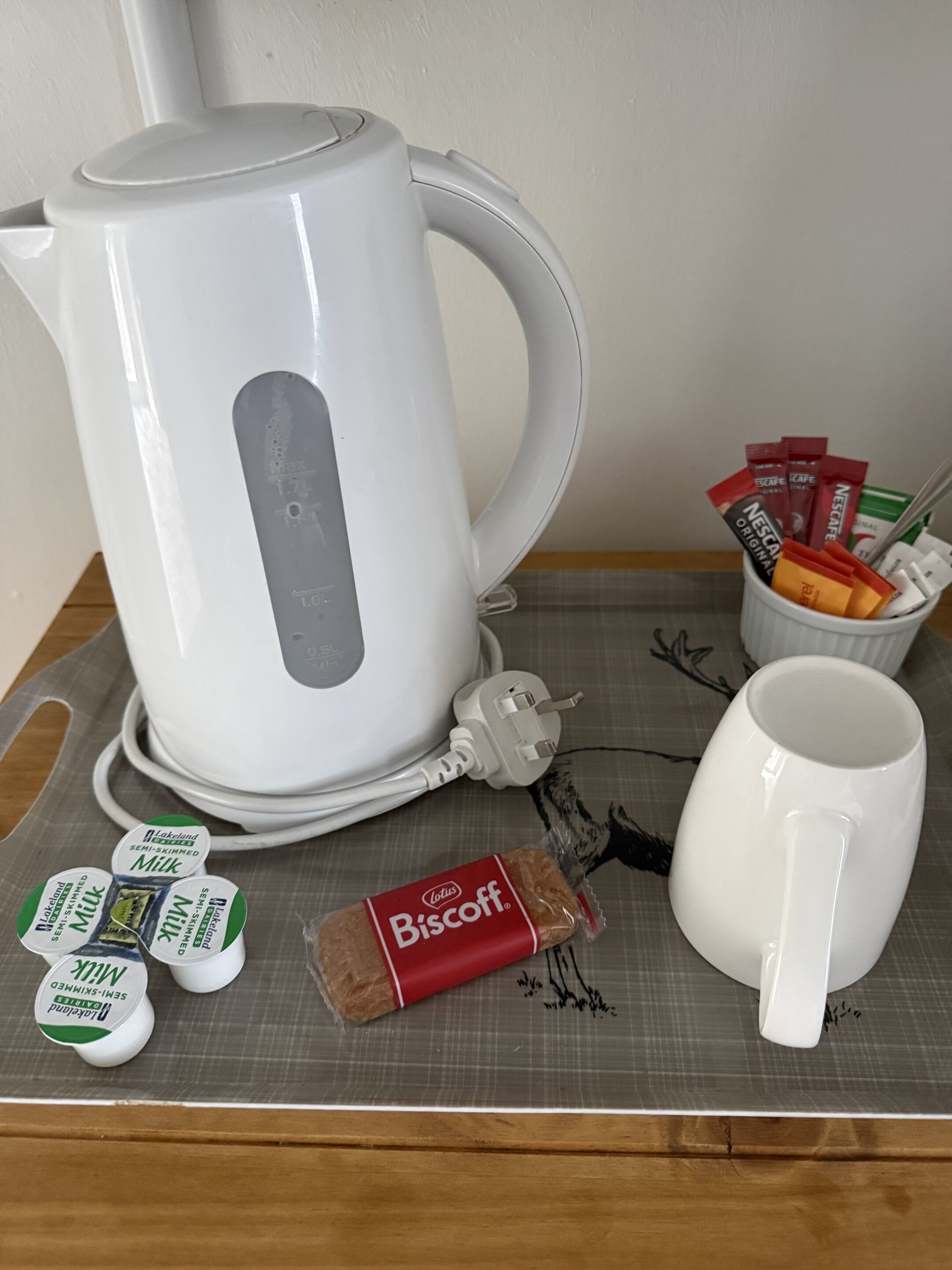 A white kettle, a mug, a container with coffee pods, and a small biscuit packet on a tray.