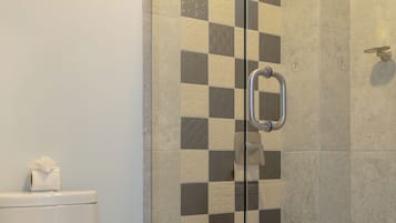 A bathroom with a glass shower enclosure, a toilet, and a towel rack.