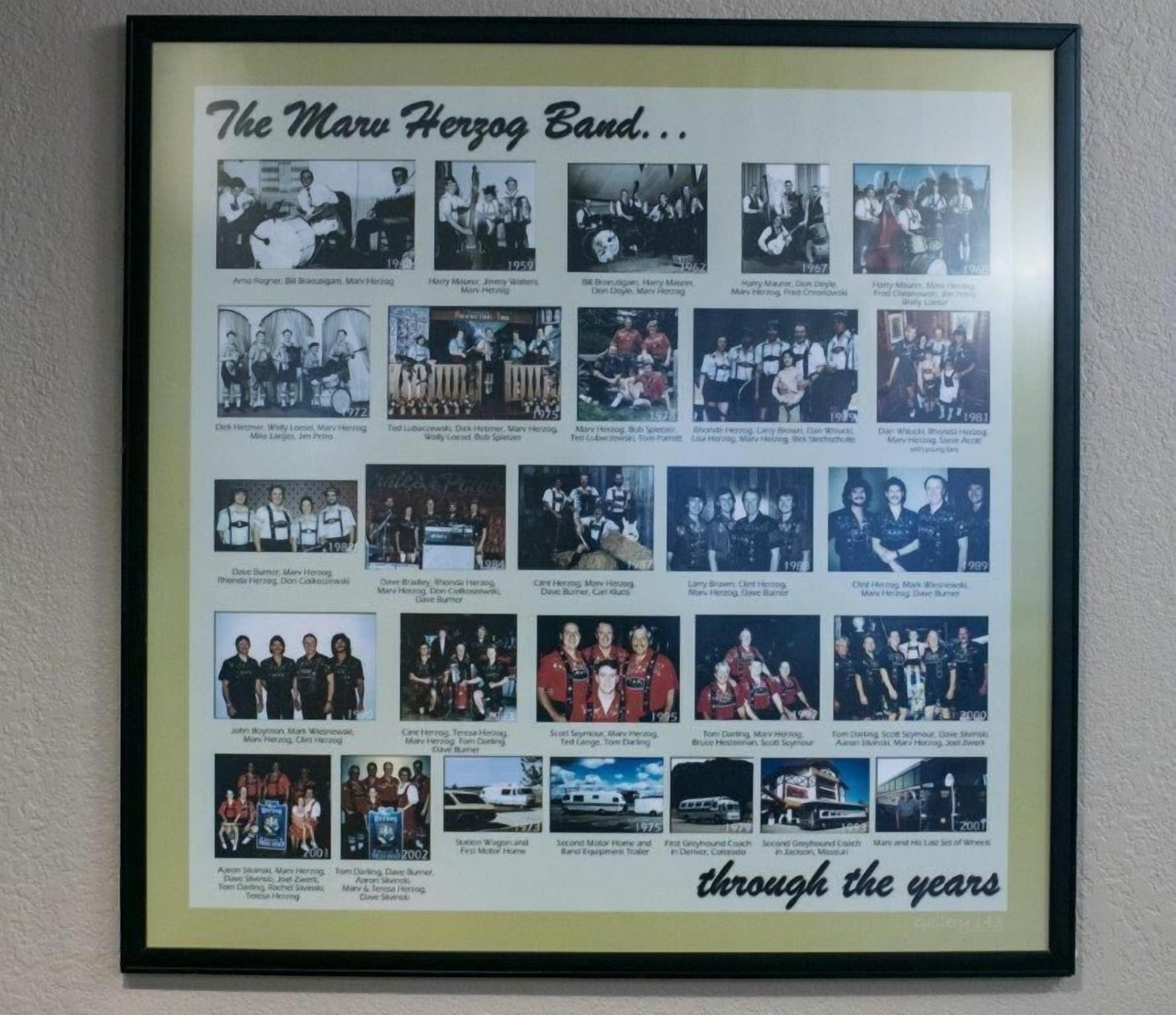 A framed collage of The Maru Herzag Band photos through the years.