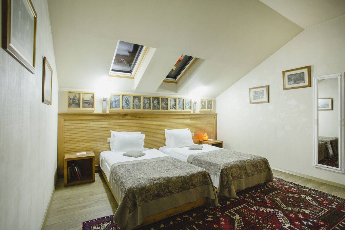 Un dormitorio con dos camas, tragaluz, cabecero de madera, mesita de noche, espejo y alfombra estampada.