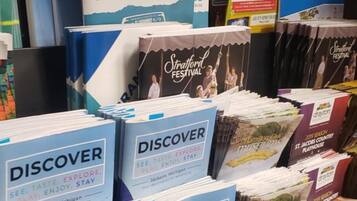 Une exposition de guides de voyage et de cartes de différentes destinations du Michigan.