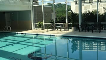 Indoor pool, seasonal outdoor pool, pool loungers