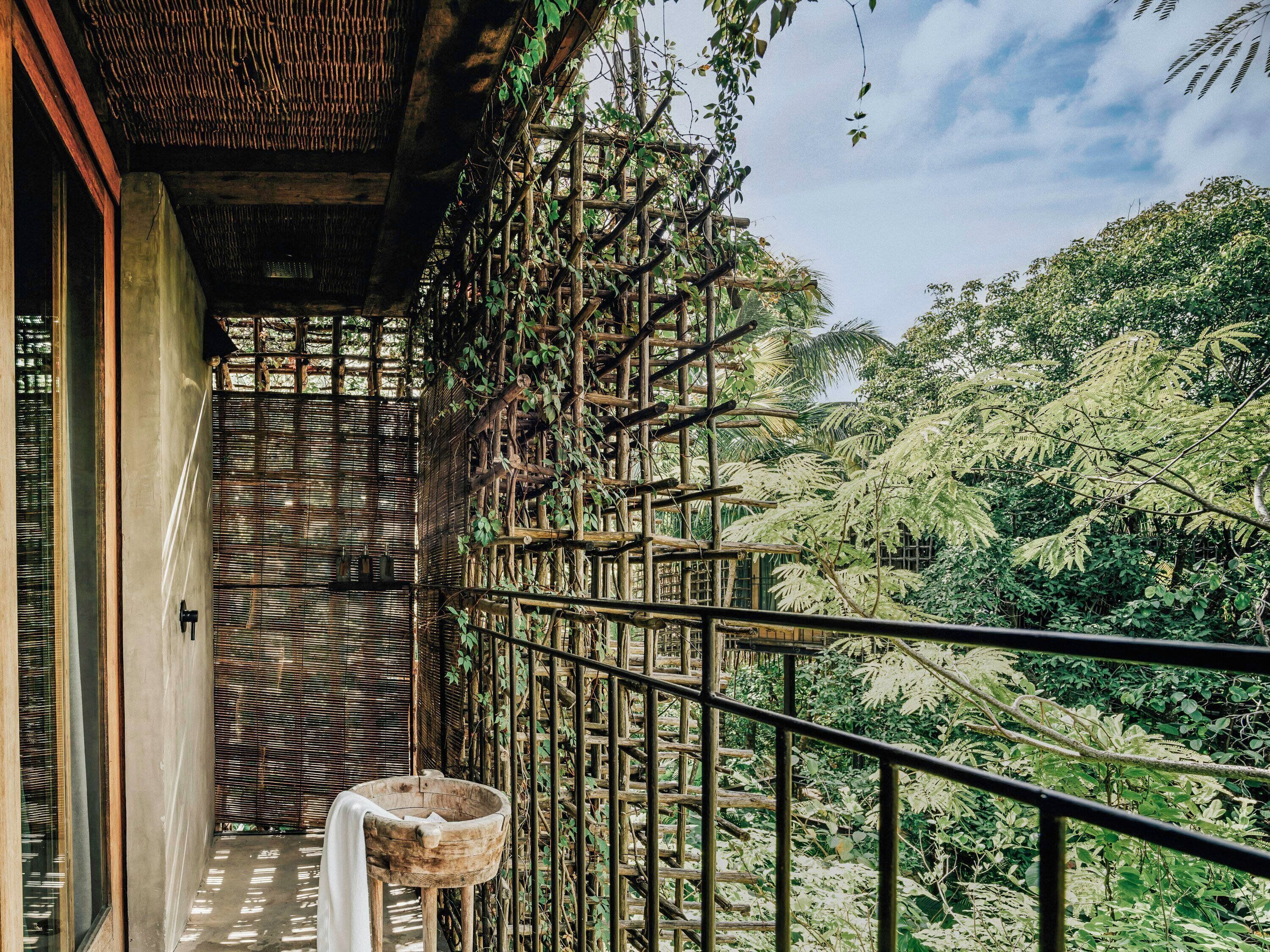 A balcony with a wooden railing, a woven basket, and a view of dense foliage.