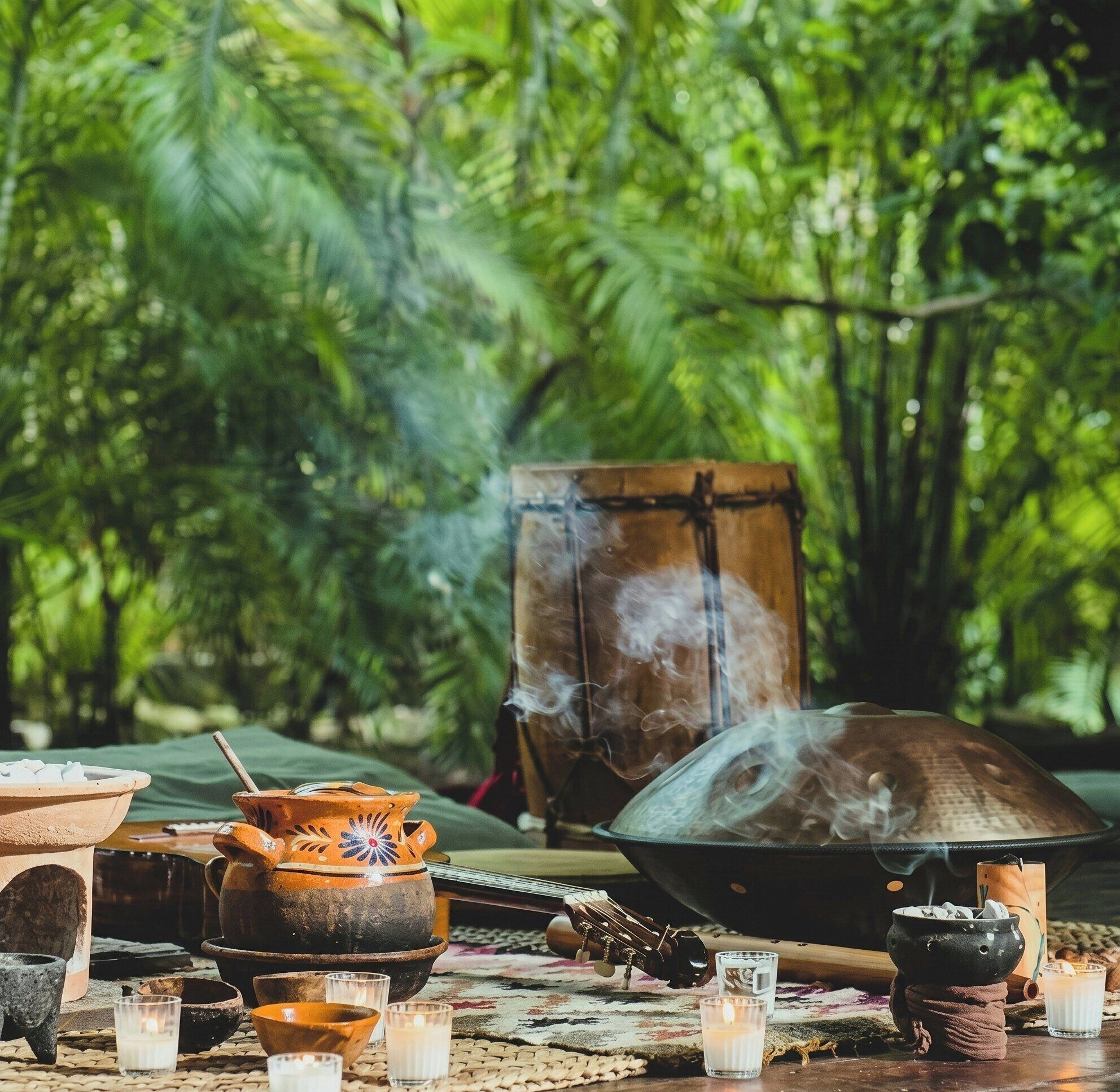 A traditional outdoor setting with a smoking vessel, a large bowl, and several small bowls and glasses on a woven mat.