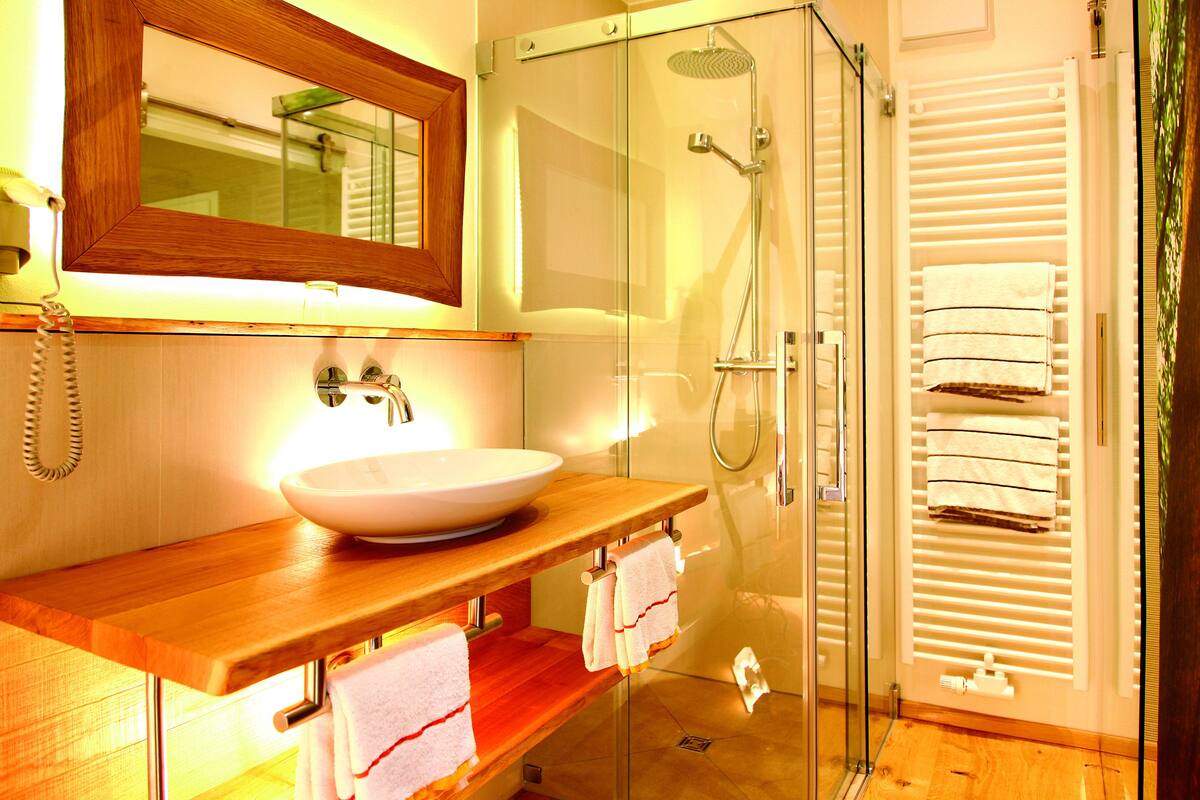 exclusive double room (wellness) | bathroom | shower, hair dryer, towels