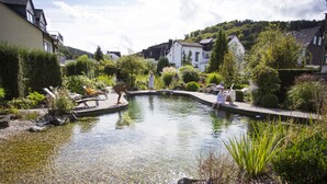 A small pond with clear water surrounded by greenery and rocks. - Flair Hotel Nieder (Bestwig)