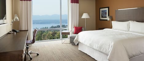 Habitación de hotel con una cama grande, un escritorio y una silla. Se ve una vista de montañas y una masa de agua a través de la ventana.