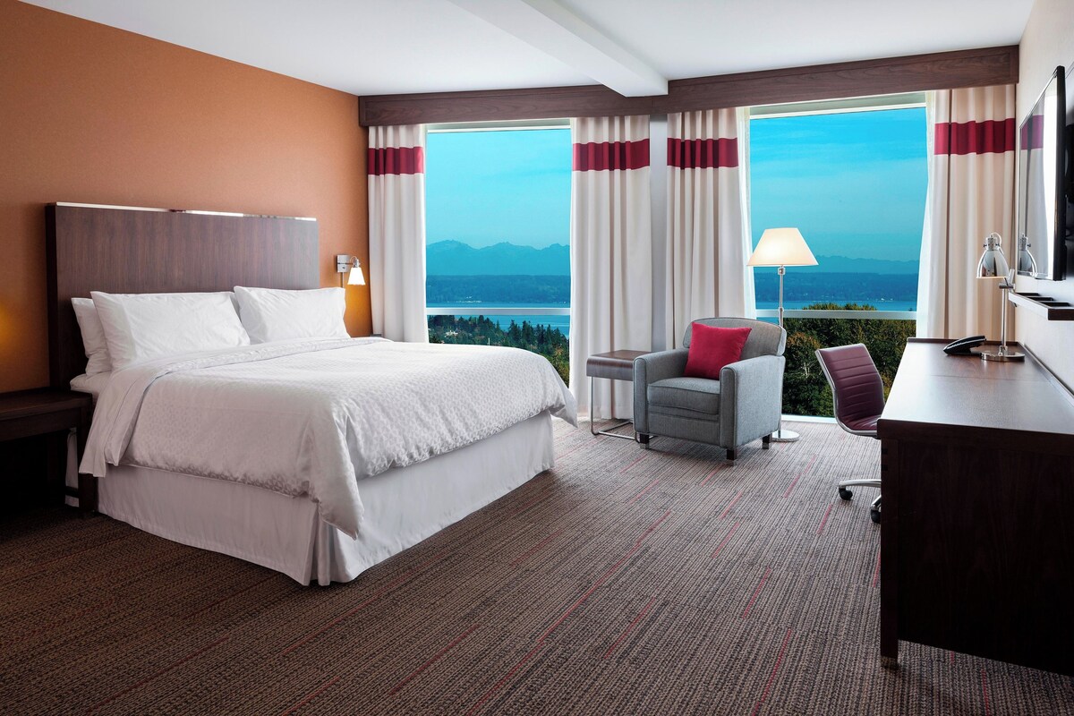 Une chambre d’hôtel avec un grand lit, un bureau, une chaise et une vue sur les montagnes et un lac.