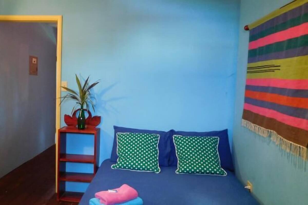 A bedroom with a blue bed, green pillows, a wooden shelf, and a plant.