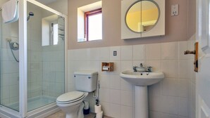 A bathroom with a glass-enclosed shower, a toilet, a sink, and a mirror. - The Holly Hill Inn (Richmond)