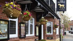 A pub named "The Plough" with hanging flower baskets, a sign for "Rooms and Relaxation," and a "Well Loved Dogs" sign. - The Plough Scalby (Scarborough)