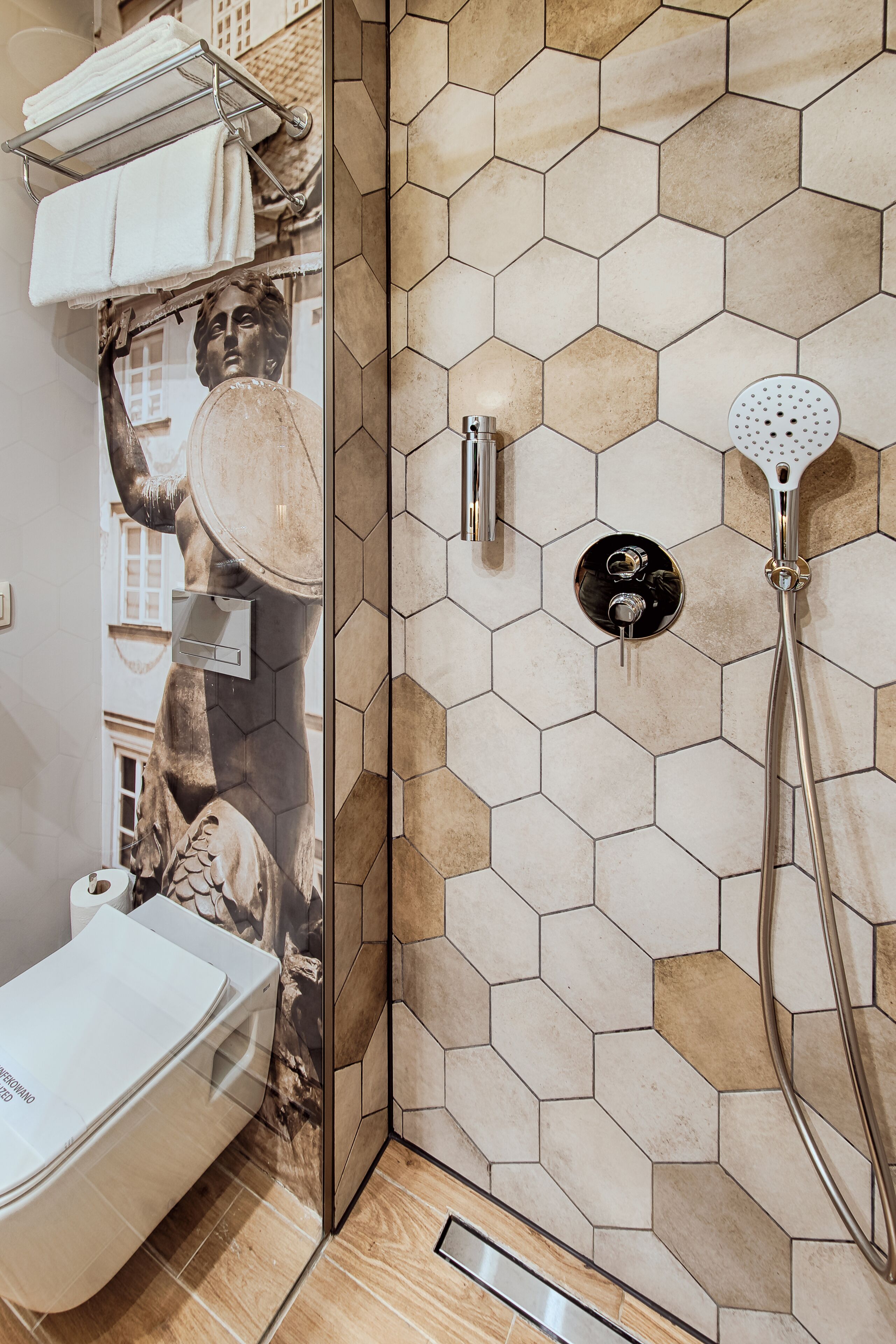 A bathroom with a hexagonal tile wall, a shower with a handheld showerhead, and a toilet with a paper towel dispenser.