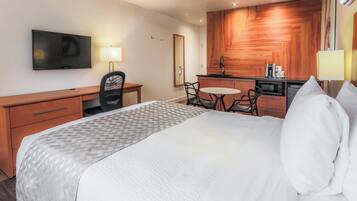 Premium bedding, desk, blackout drapes, soundproofing