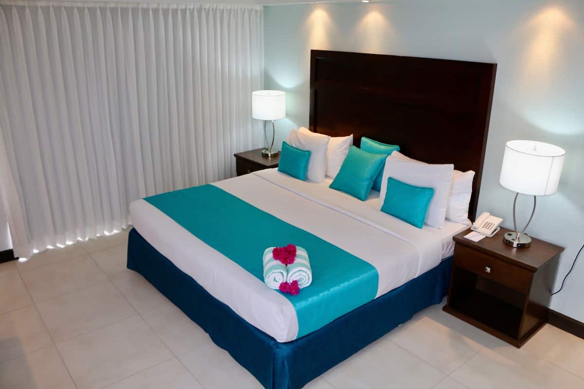 A hotel room with a large bed, a nightstand with a lamp, and a window with curtains.