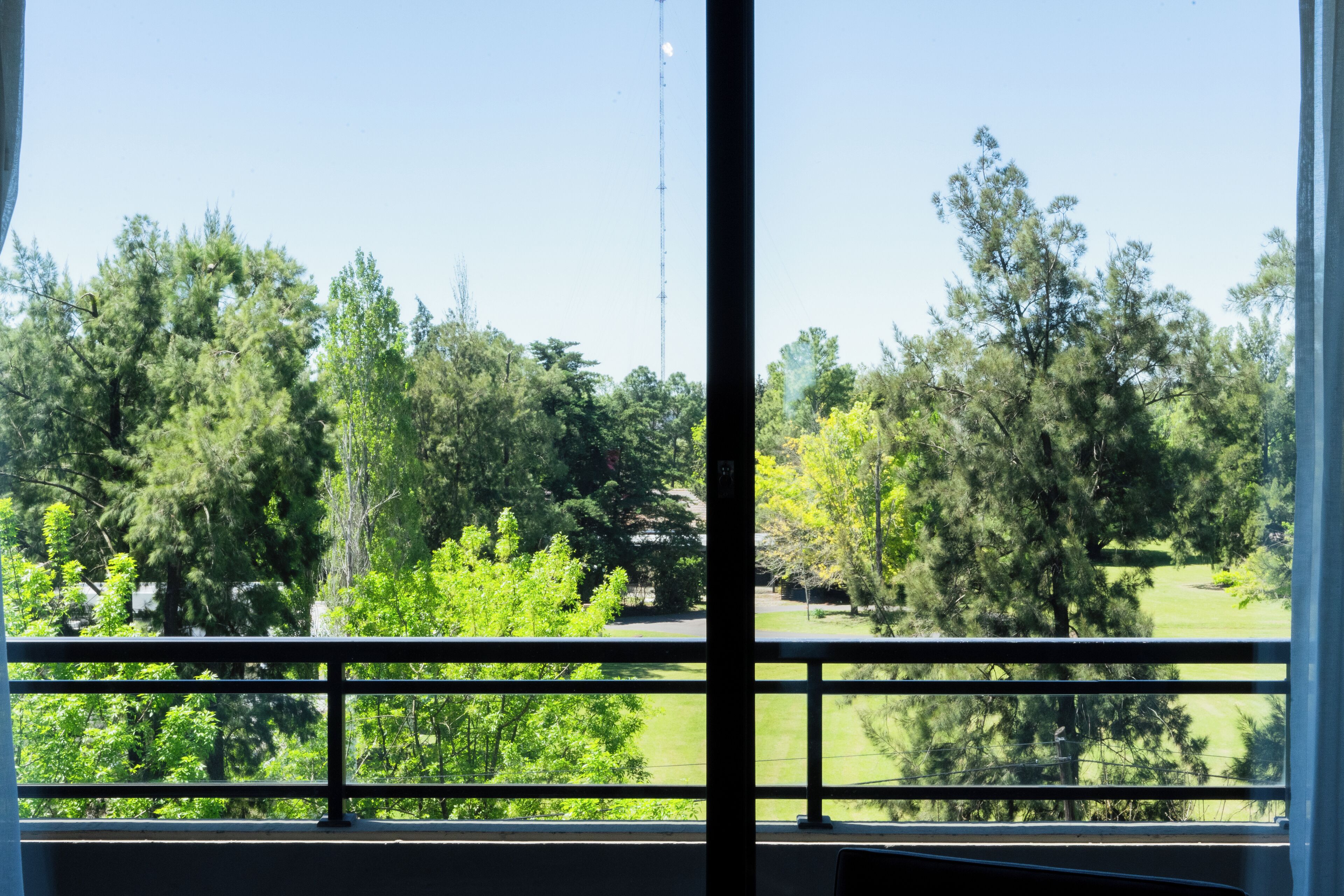 A view from a window with a metal railing, overlooking a grassy area with trees and a tall communication tower in the distance.