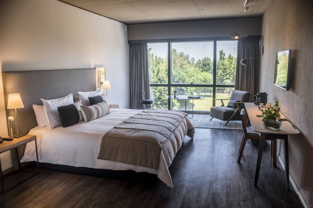A modern hotel room with a large bed, a desk, and a view of the outdoors.