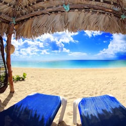 Private beach, white sand, free beach cabanas, sun loungers