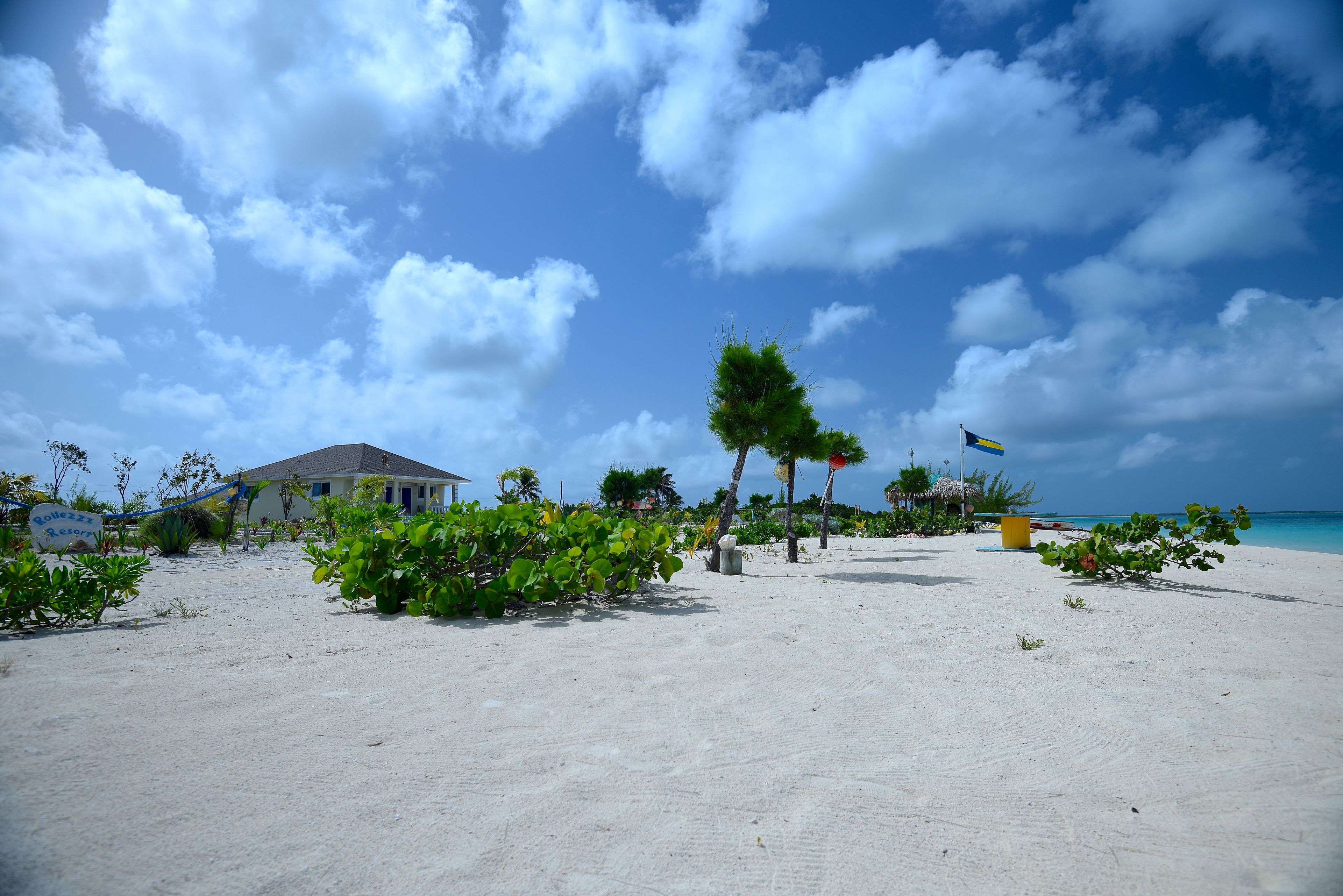 A beach with a building, palm trees, and a flag.
