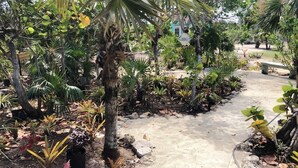 A garden pathway surrounded by various tropical plants and a bench. - Rollezz Villas Beach Resort (Old Bight)
