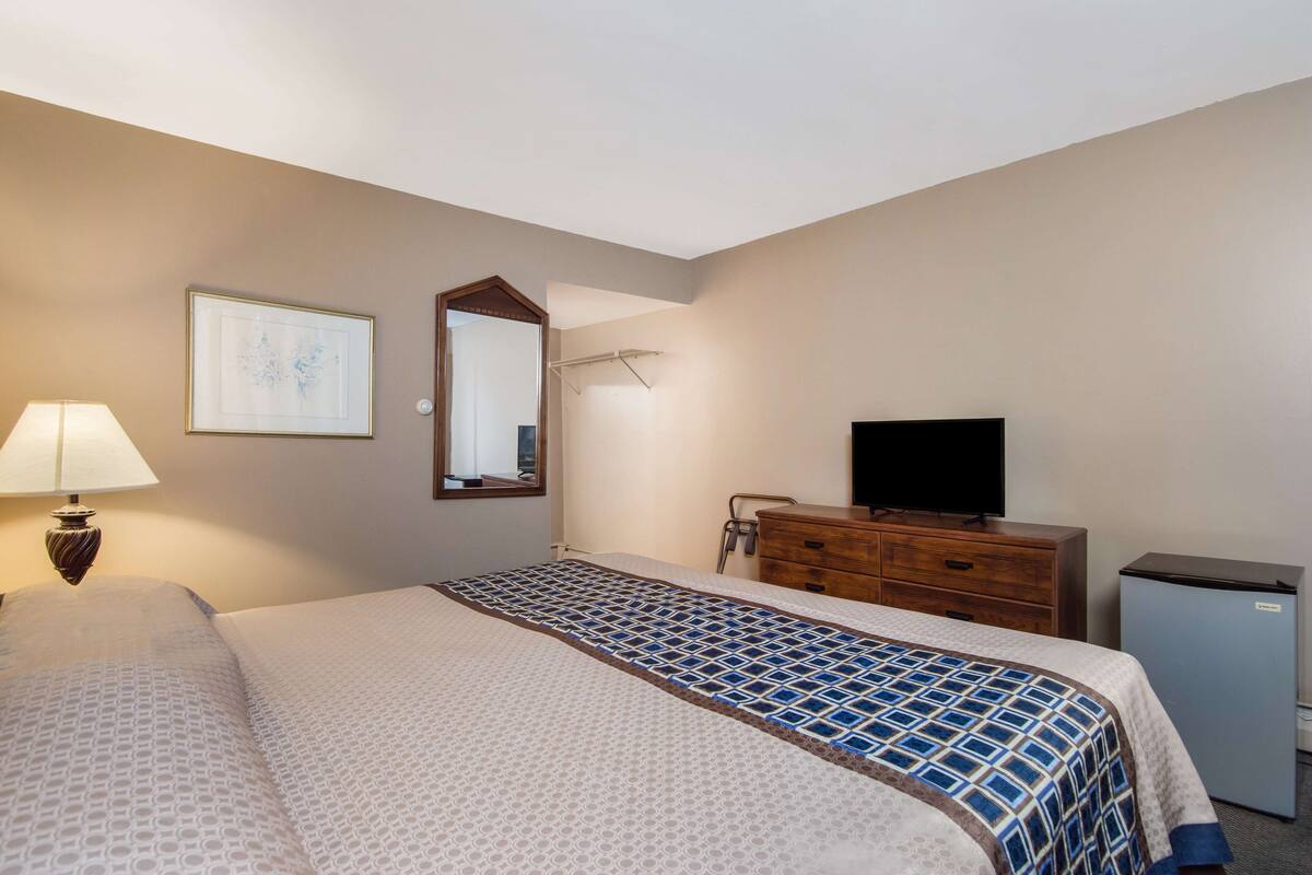 Quarto de hotel com cama, penteadeira, televisão e frigorífico.