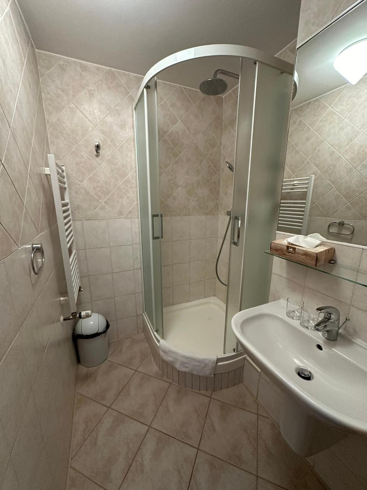 A modern bathroom with a glass-enclosed shower, a white sink, and a towel rack.