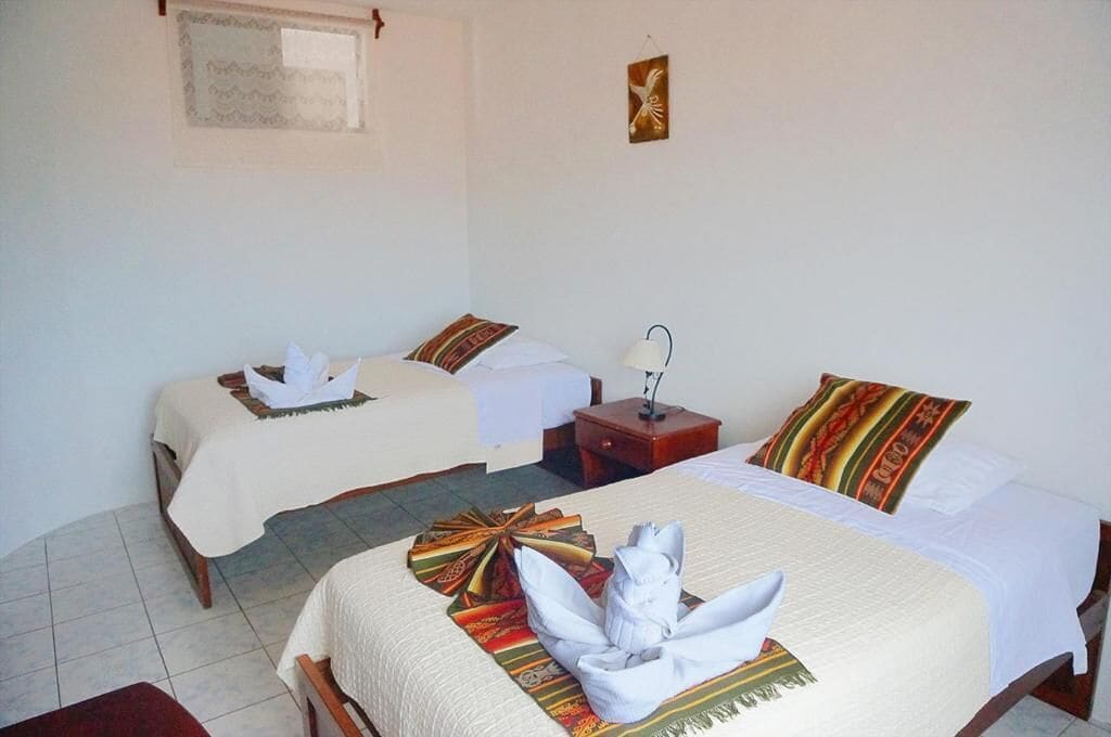 A hotel room with two beds, each with a white bedspread and decorative pillows. There is a nightstand with a lamp between the beds.