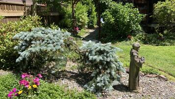 A garden with a statue, a wooden pergola, and various plants.