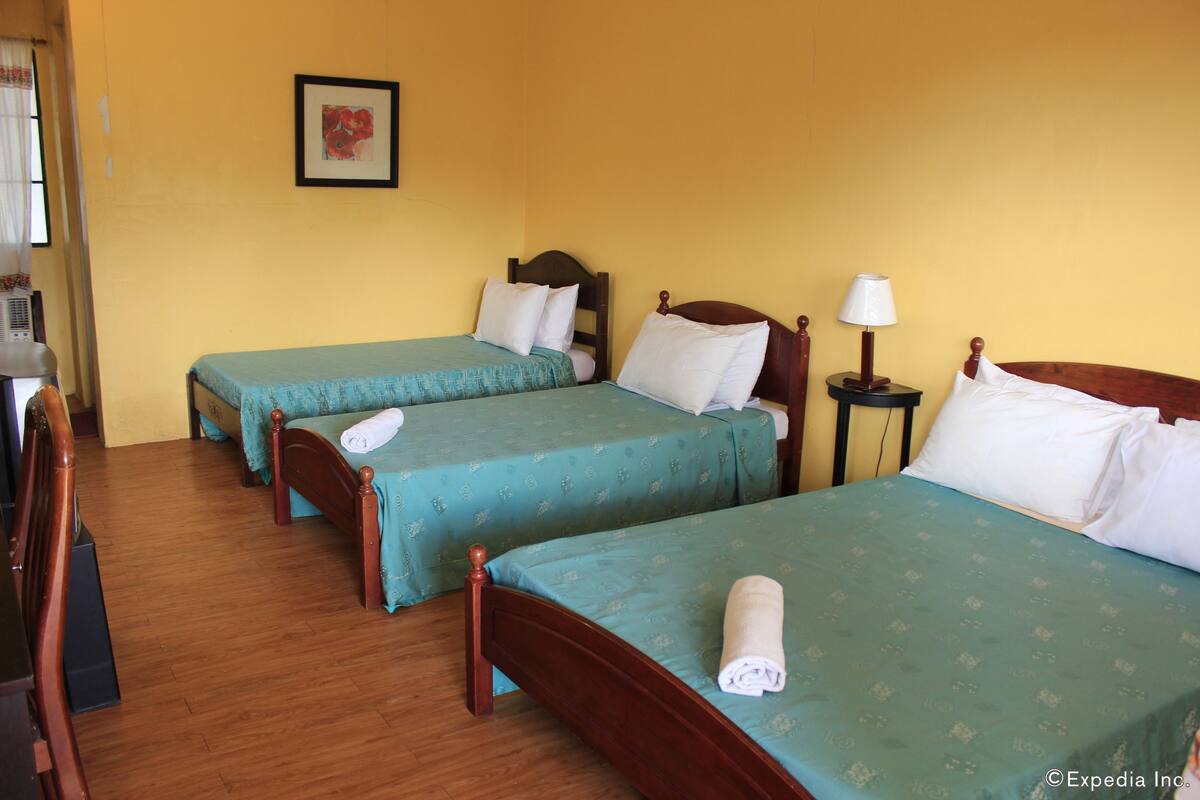 A hotel room with two single beds, wooden headboards, and a small bedside table with a lamp.