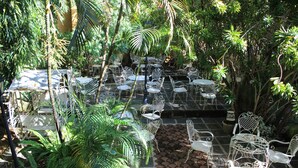An outdoor patio with white metal chairs and tables, surrounded by lush greenery and palm trees. - Darayonan Lodge (Coron)