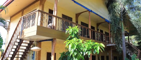 A two-story building with a balcony, a staircase, and a large tree in the foreground.