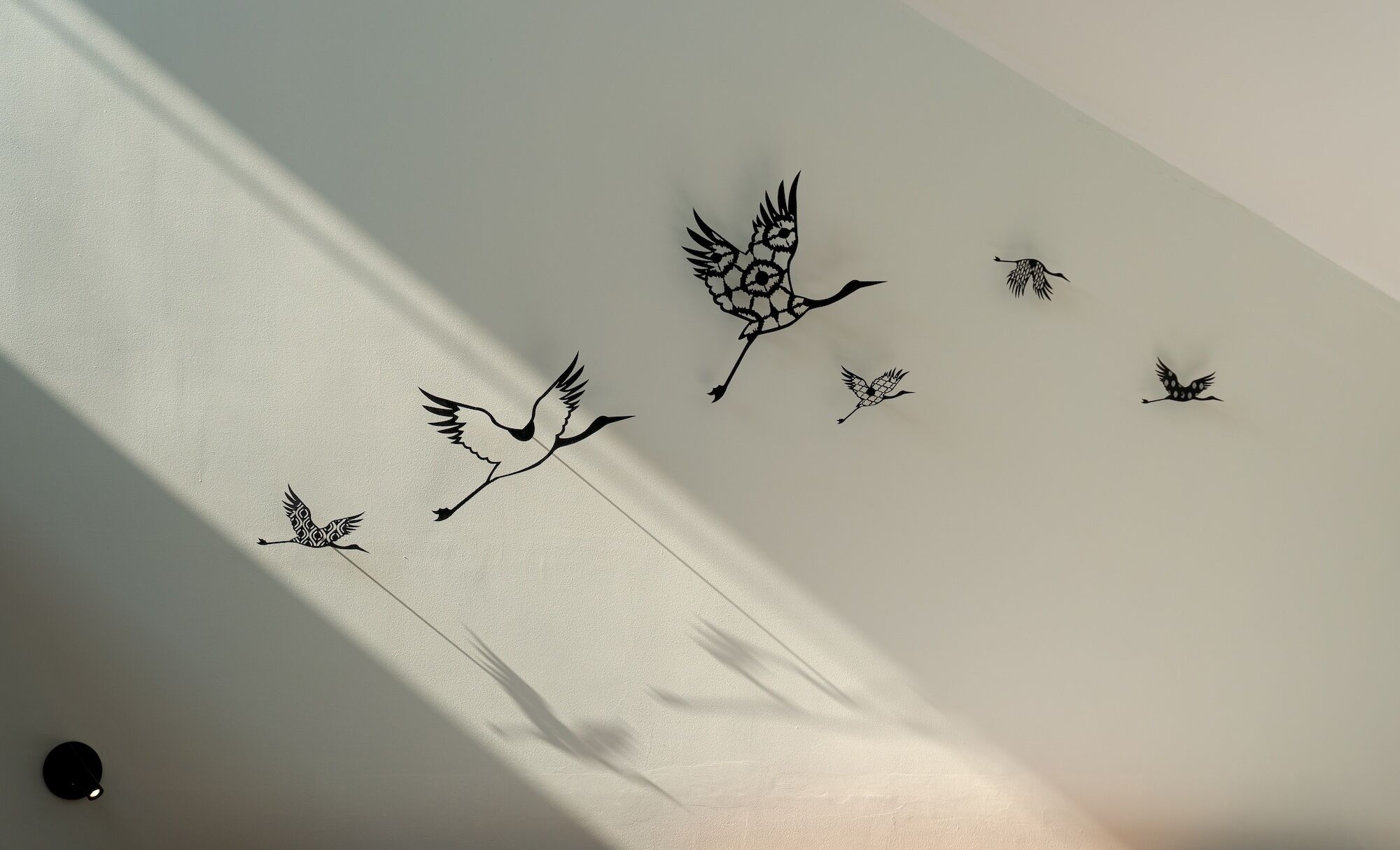 Una pared con una serie de siluetas de aves volando.