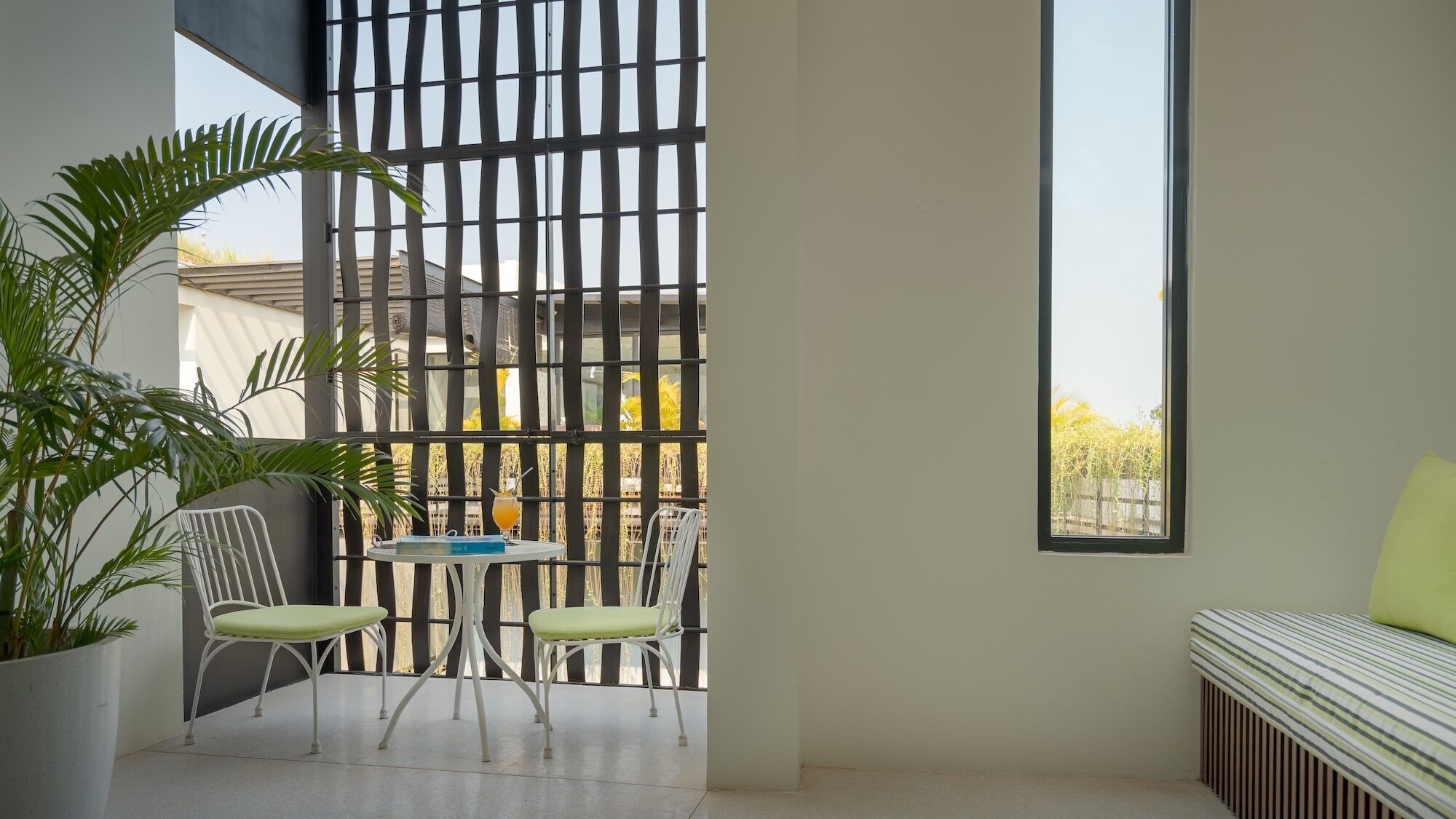 A balcony with a table and chairs, a potted plant, and a view of buildings.