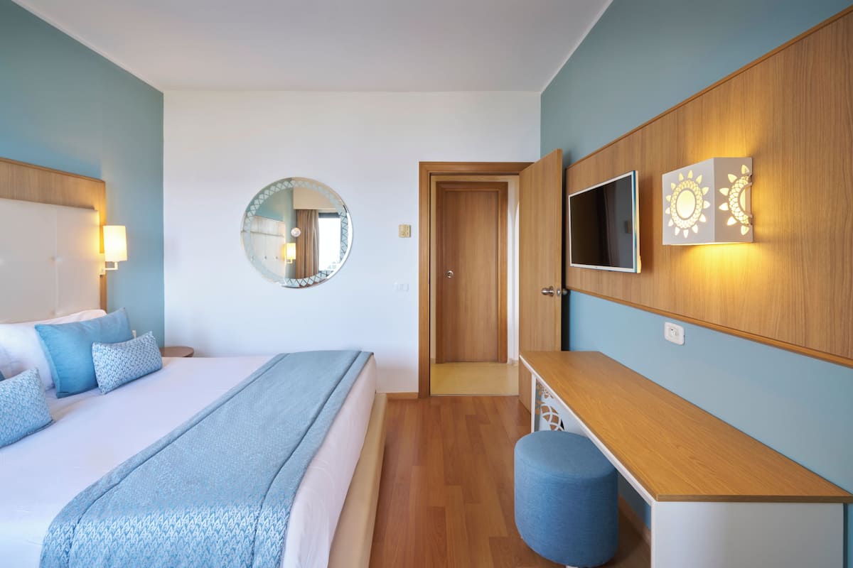 Habitación de hotel con cama, escritorio, televisión y espejo.