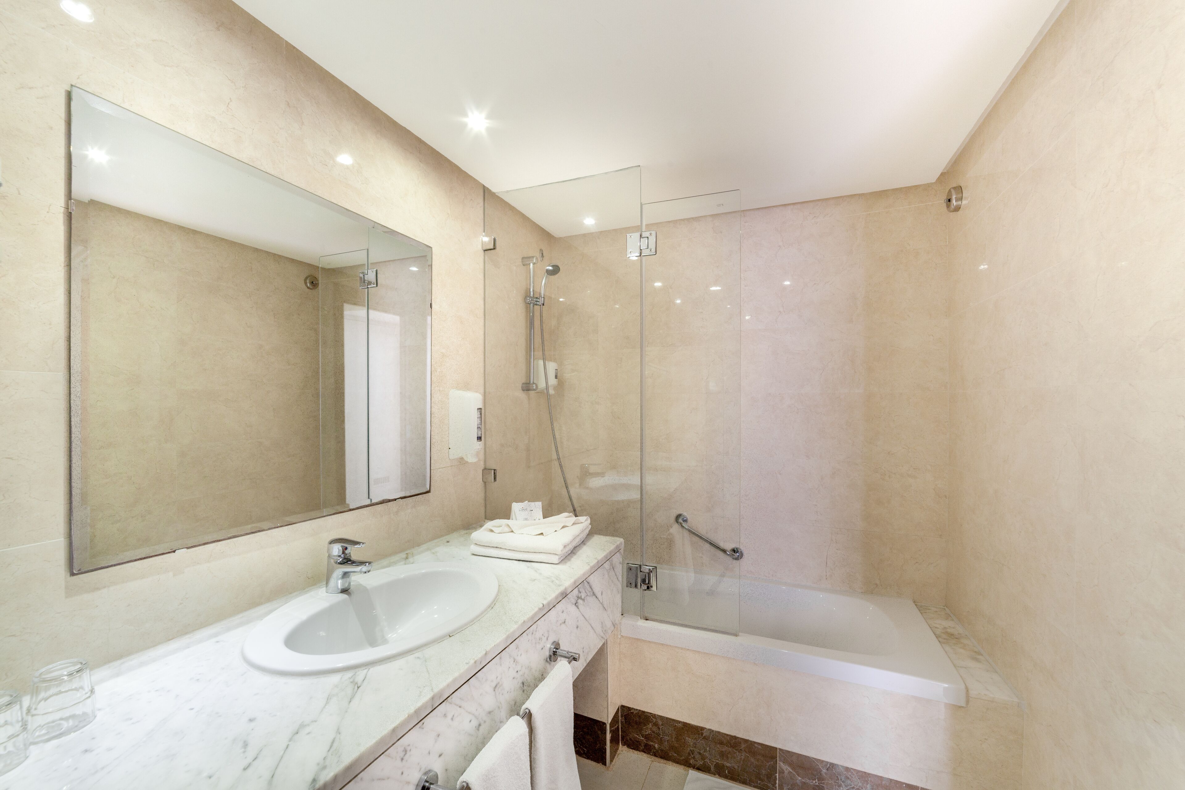 combined shower/bathtub, free toiletries, hair dryer, towels