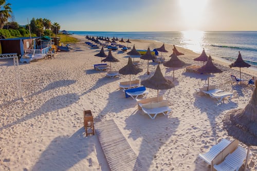 Accommodatie ligt op het strand, ligstoelen, parasols, een strandbar