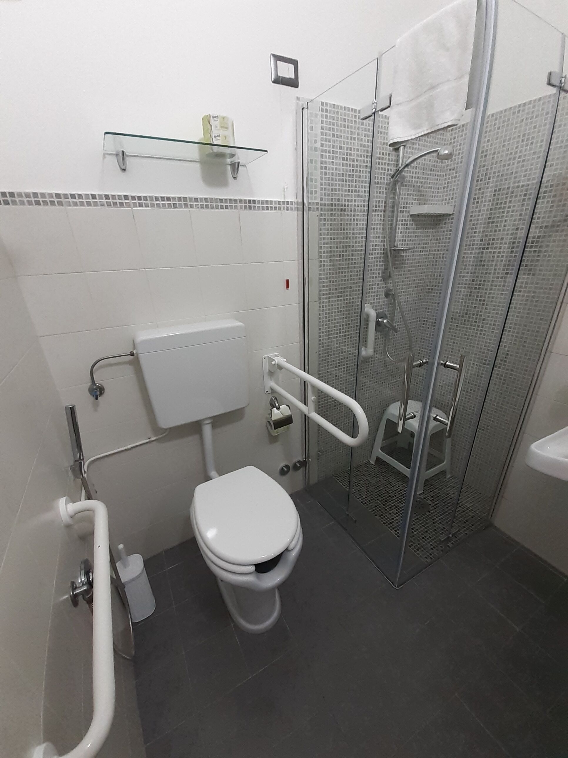 Ein Badezimmer mit Toilette, einer Duschkabine aus Glas und einem weißen Waschbecken.