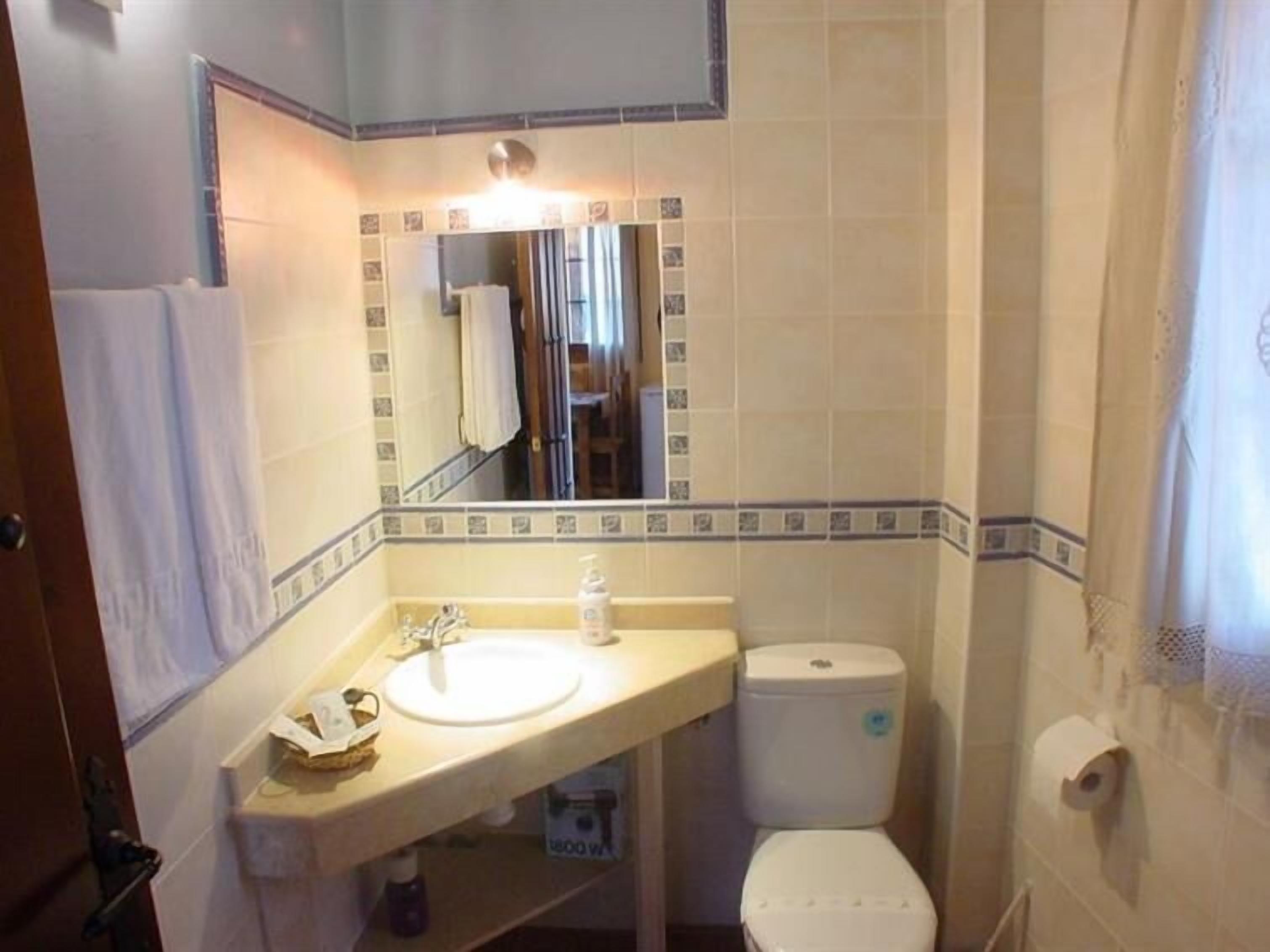 A bathroom with a sink, mirror, toilet, and towel rack.