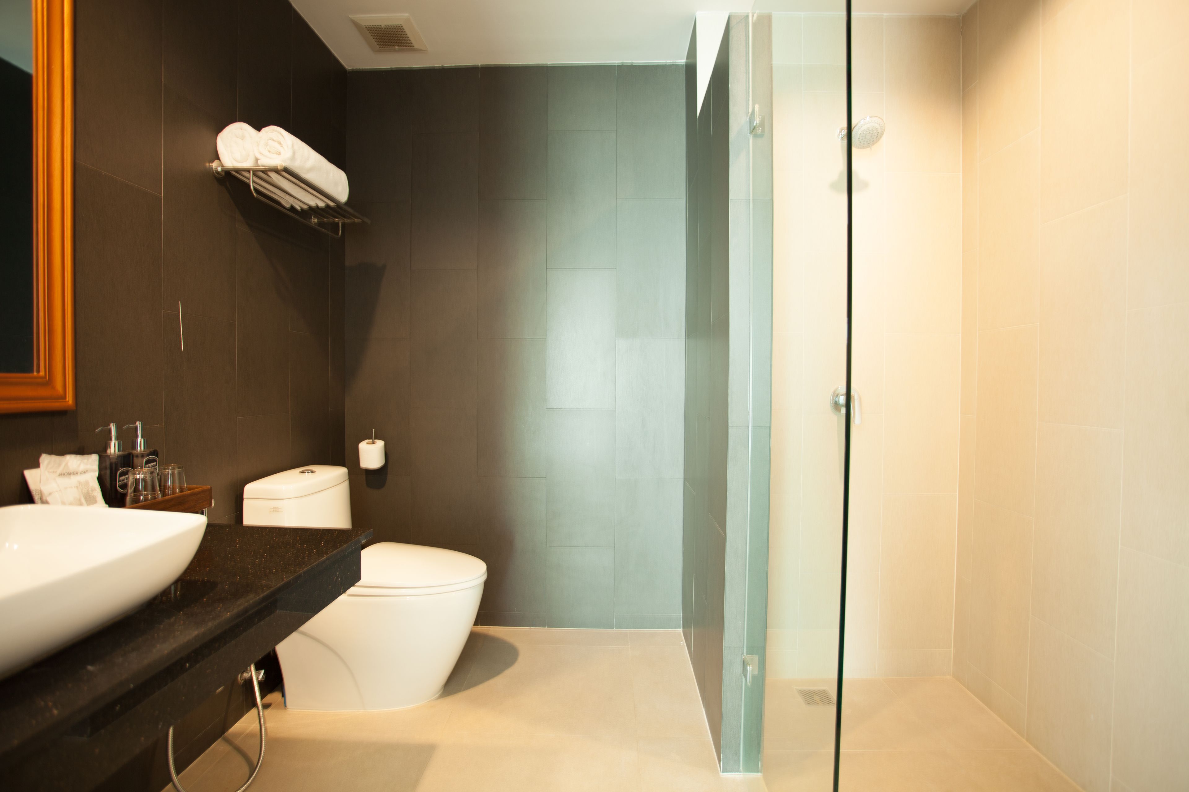 A modern bathroom with a large white sink, a toilet, and a glass-enclosed shower.