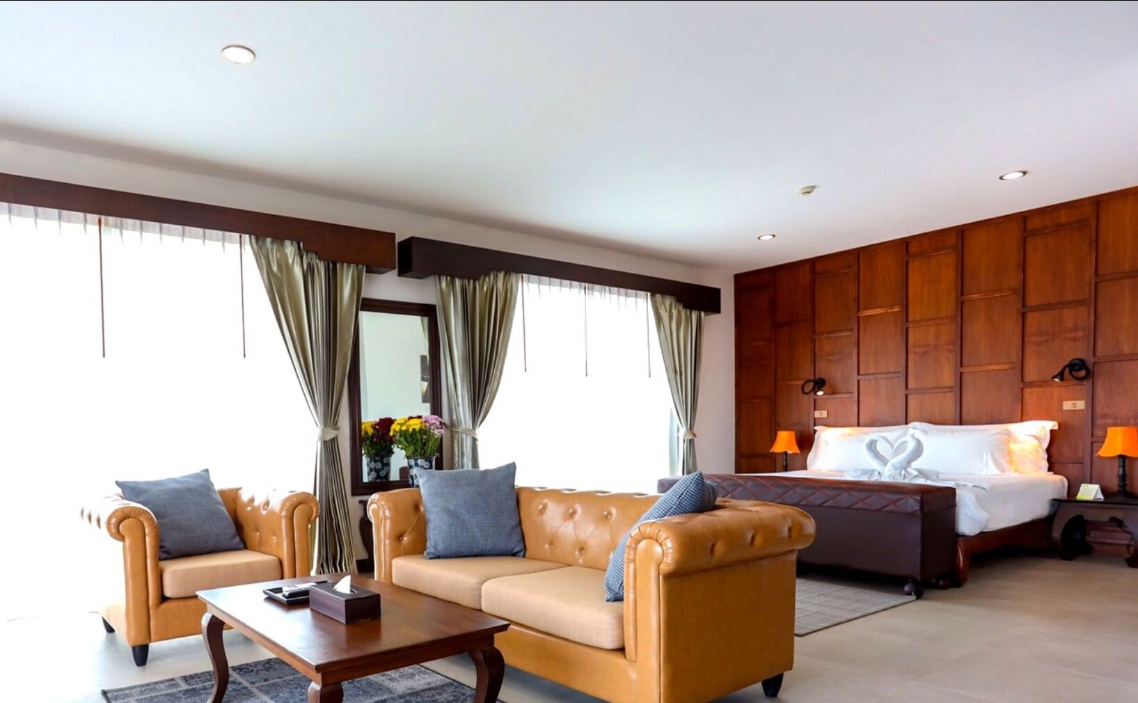 studio deluxe panorama river kwai view with shower  | frette italian sheets, premium bedding, down duvets, select comfort beds