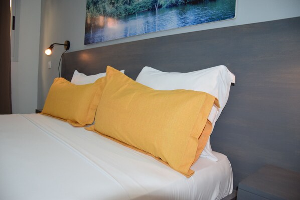 Egyptian cotton sheets, desk, laptop workspace, blackout curtains