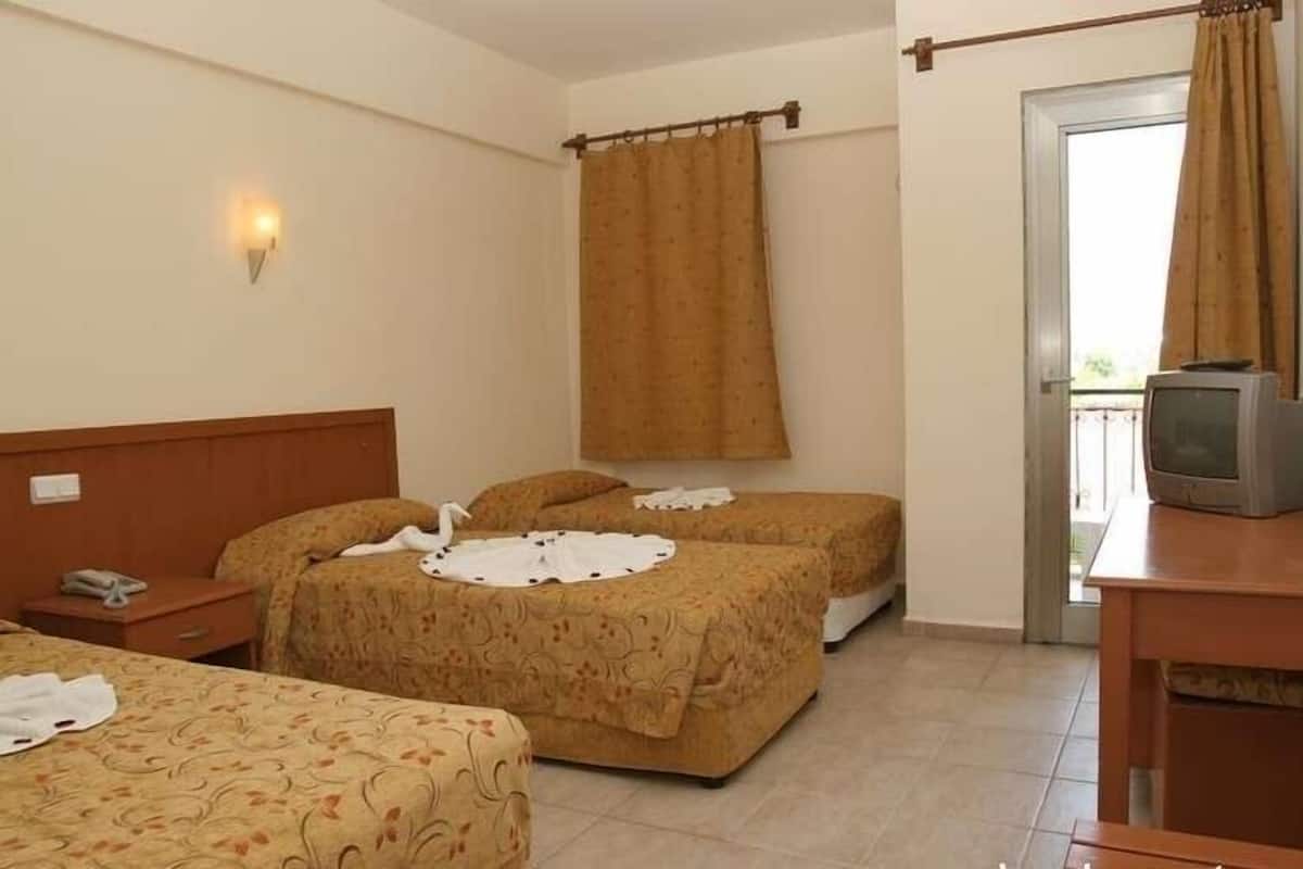 A hotel room with two beds, a wooden headboard, a television on a wooden table, and a curtain.