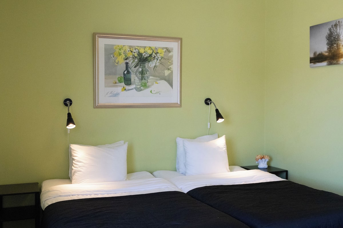 Ein Zimmer mit zwei Betten, einem gerahmten Gemälde, zwei Wandlampen und einem Nachttisch mit einer kleinen Vase.