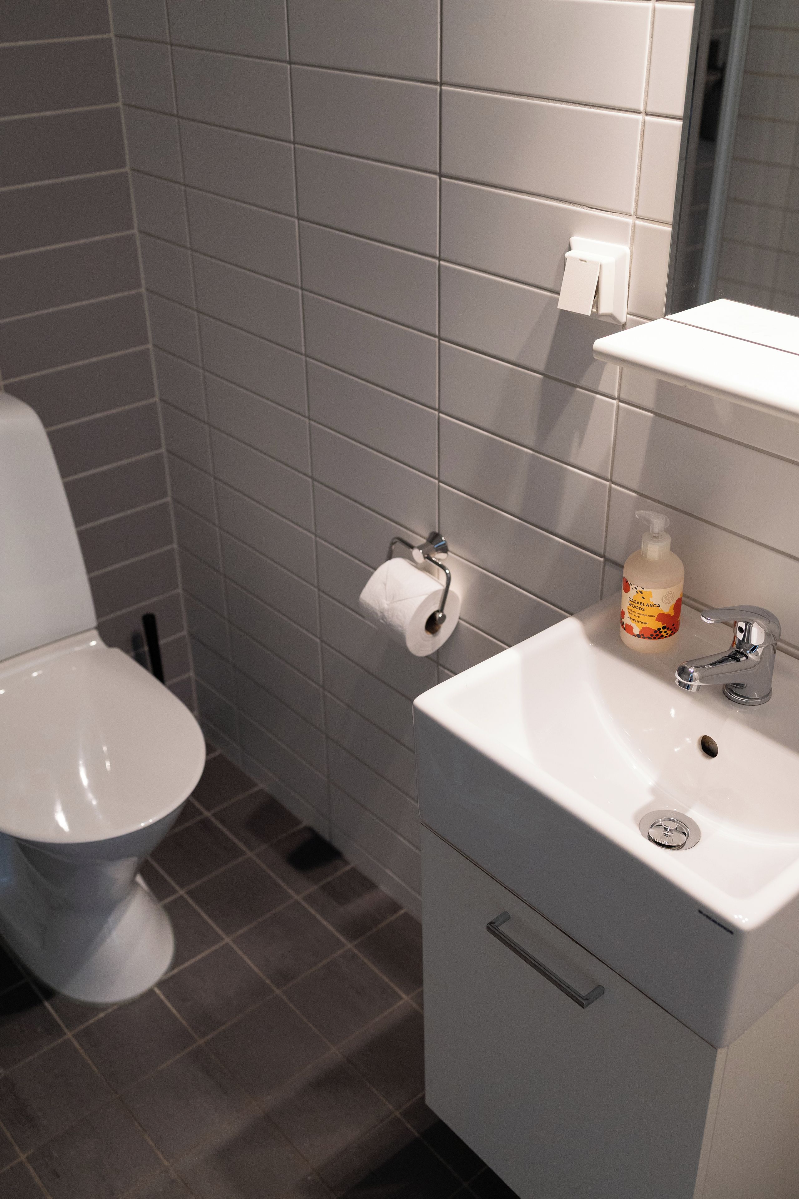 A bathroom with a toilet, a sink, and a mirror.