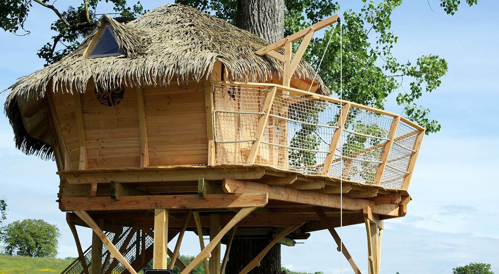 Une cabane en bois perchée dans un arbre, avec un toit de chaume et une plateforme en bois dotée d’une rambarde en treillis.