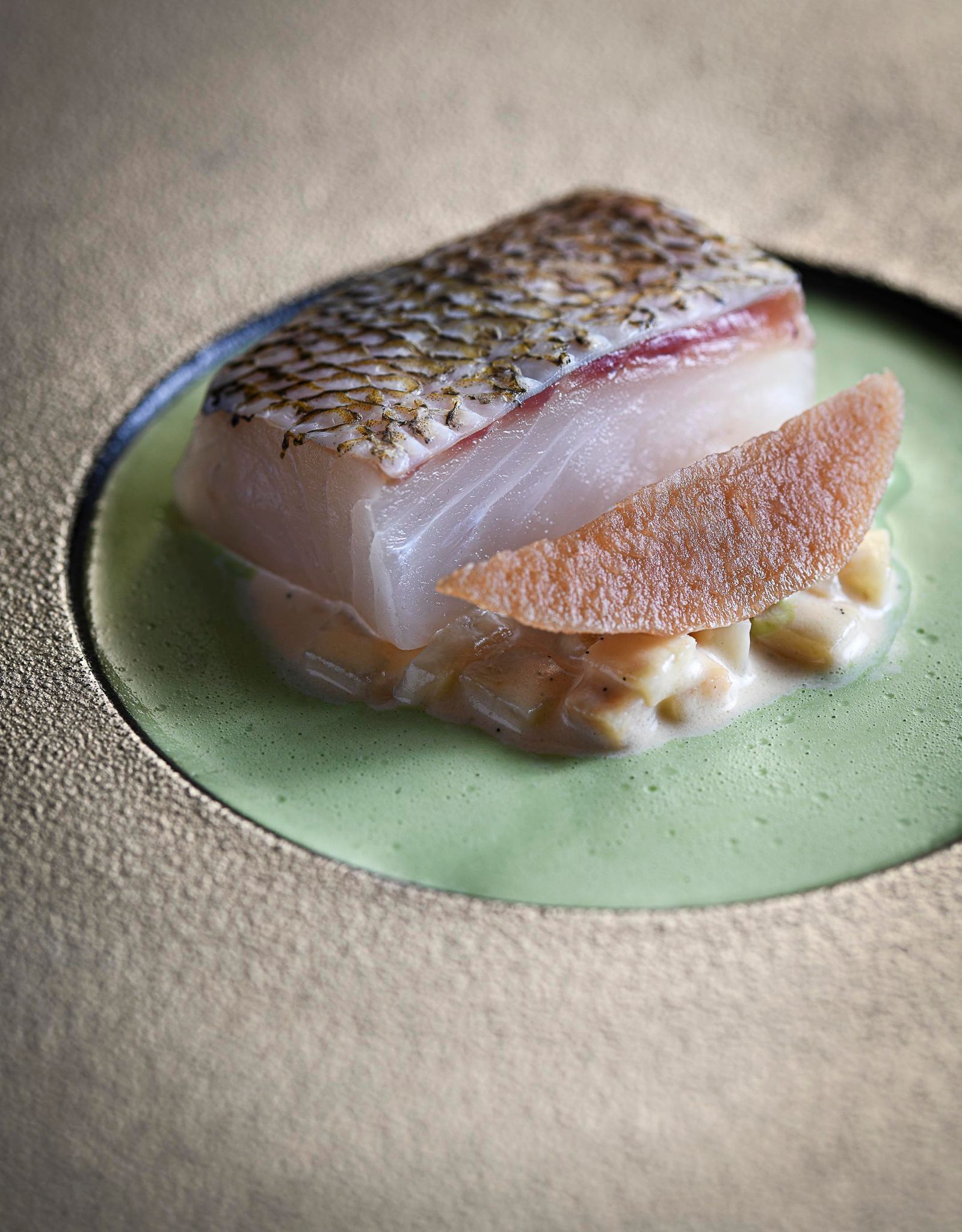 A dish with fish and a garnish on a plate.