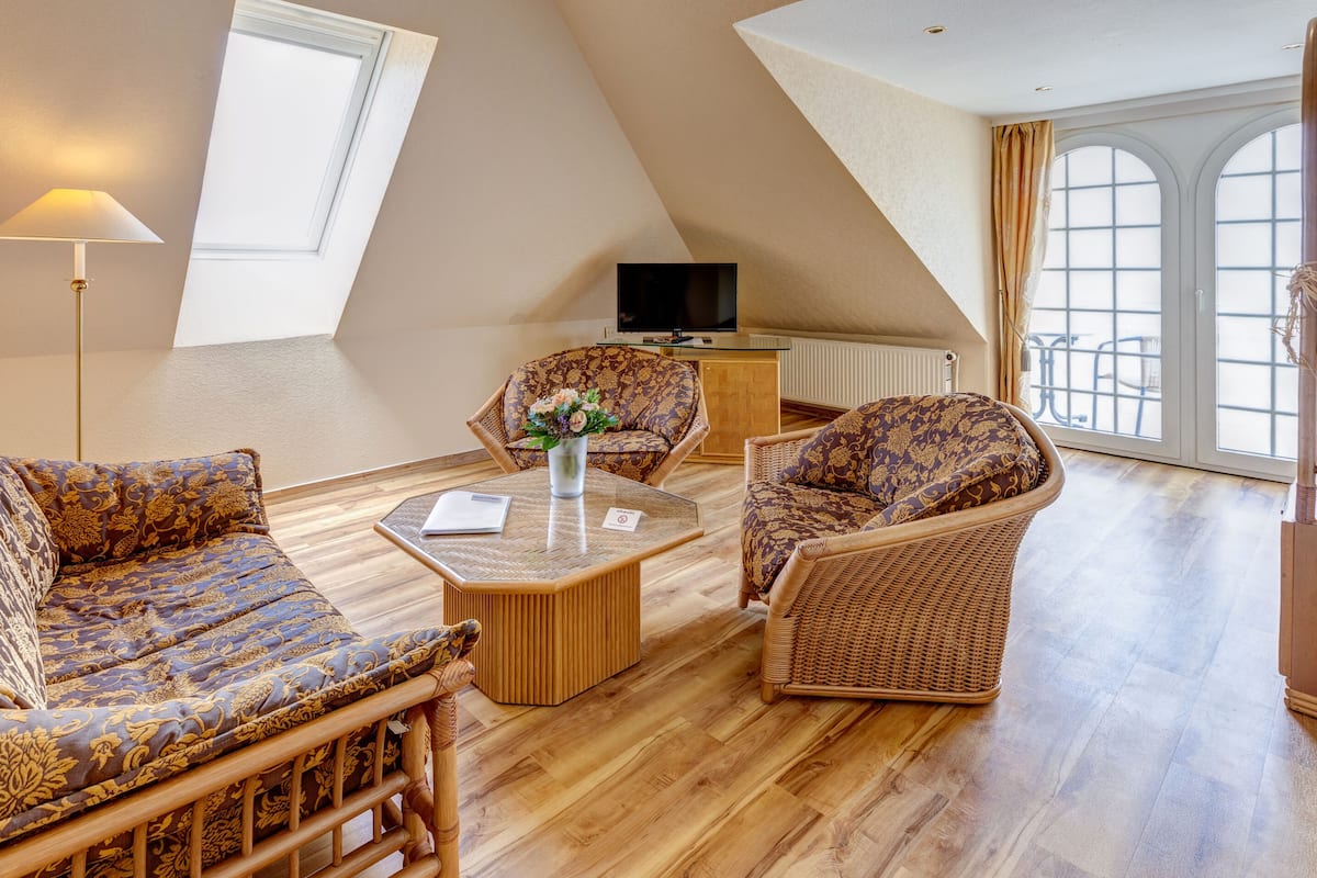 A spacious loft bedroom with a high ceiling, a large skylight, a television, and a view of the outdoors.