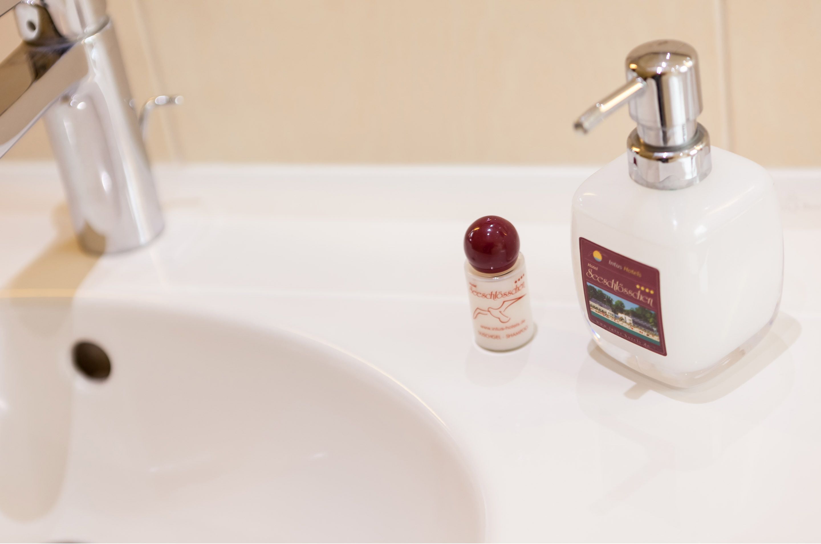 Un lavabo de salle de bain avec un bac blanc, un robinet chromé et un flacon de savon doté d’un distributeur à pompe.