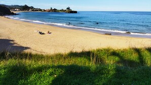 A beach with a sandy shore, a few people relaxing, and a clear blue sky.