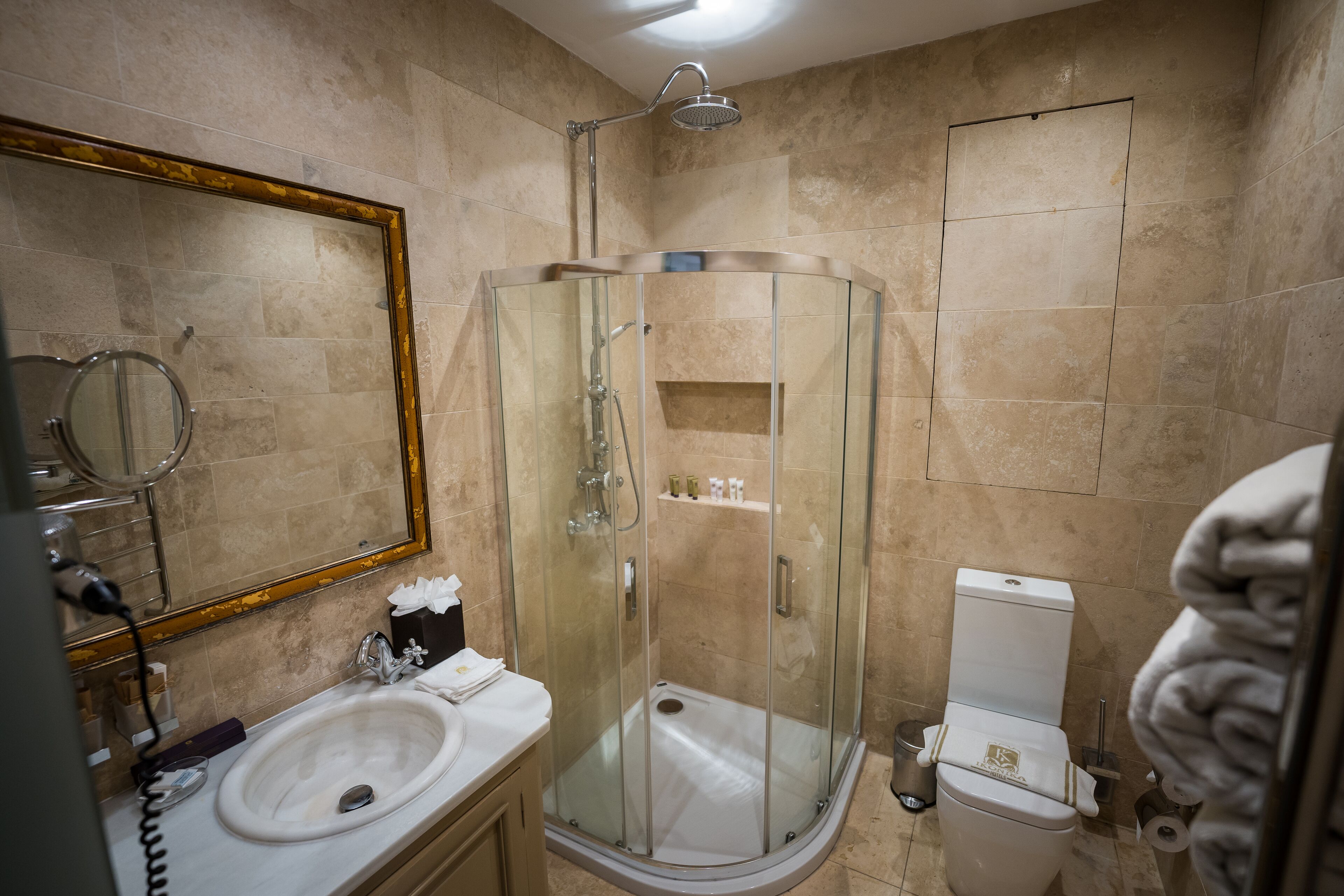A bathroom with a glass-enclosed shower, a sink, a toilet, and a mirror with a gold frame.
