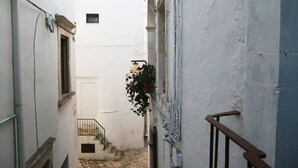 A narrow alleyway with a white building, a metal railing, and a flower pot on the right. - Accogliente Dimora (Putignano)